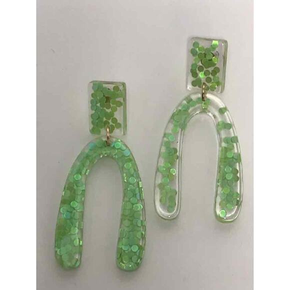 Fashion Lime Green Lucite Glitter Dangle Earrings - Picture 2 of 2